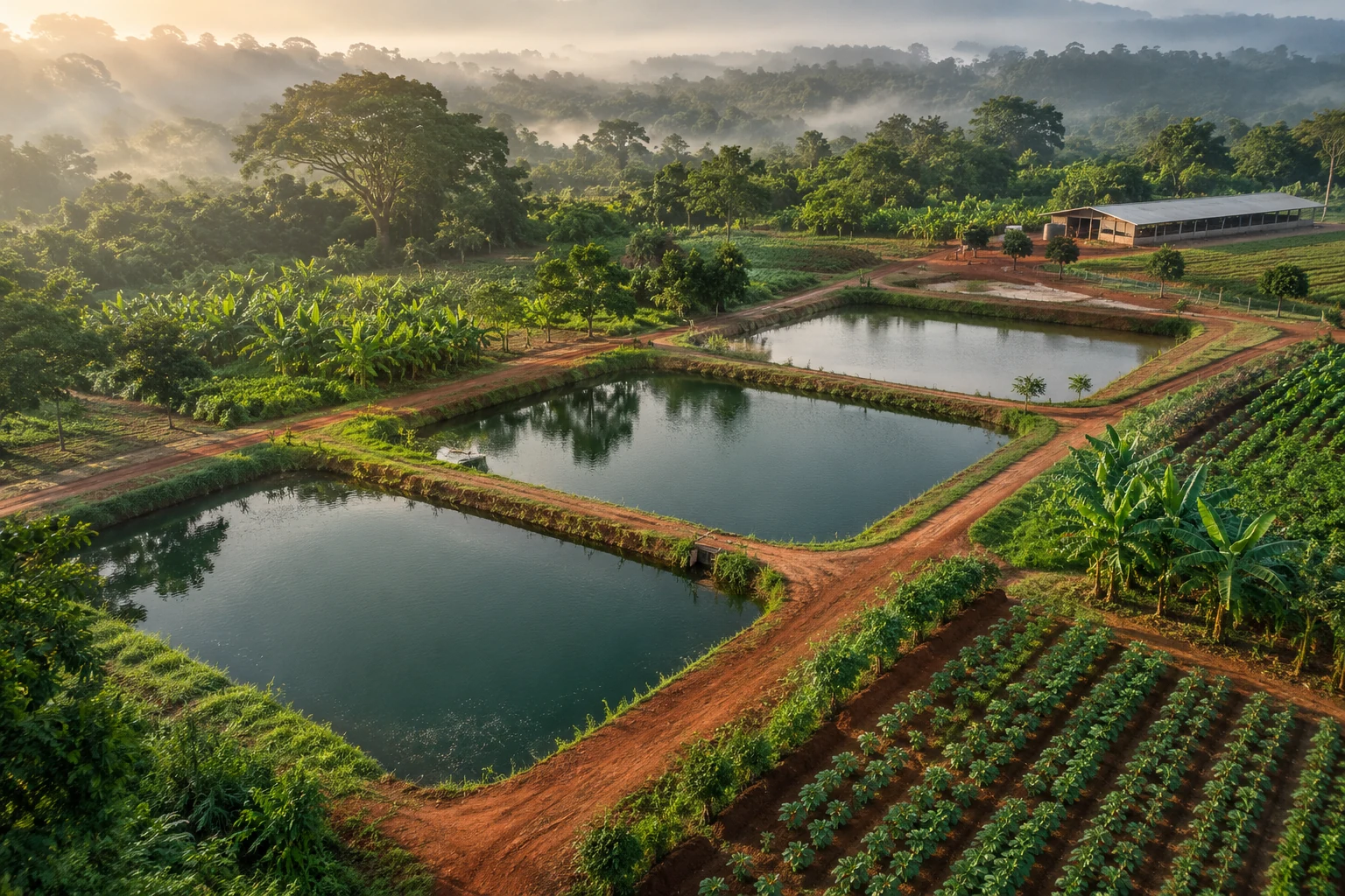 Illustrative aerial view of aquaculture ponds and cultivated land